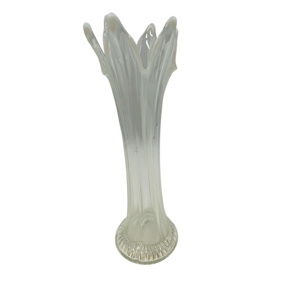 Clear Opalescent Swirl Top Art Glass Vase Mid Century Modern Trumpet Flower